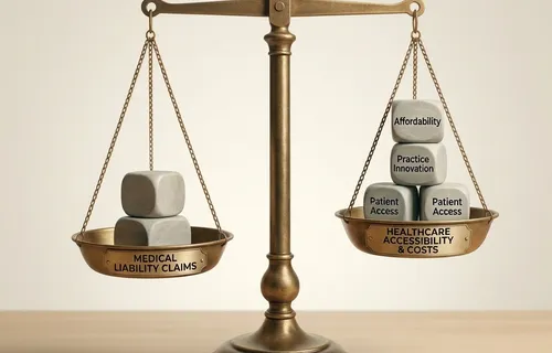 A balance scale with medical liability claims on one side and healthcare accessibility and costs labeled blocks on the other.